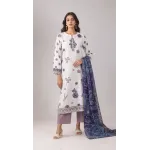 Premium Off White & Plum Violet Printed Lawn 3 Pc Suit - Elegant Floral Unstitched Summer Dress with Indigo Blue Chiffon Dupatta