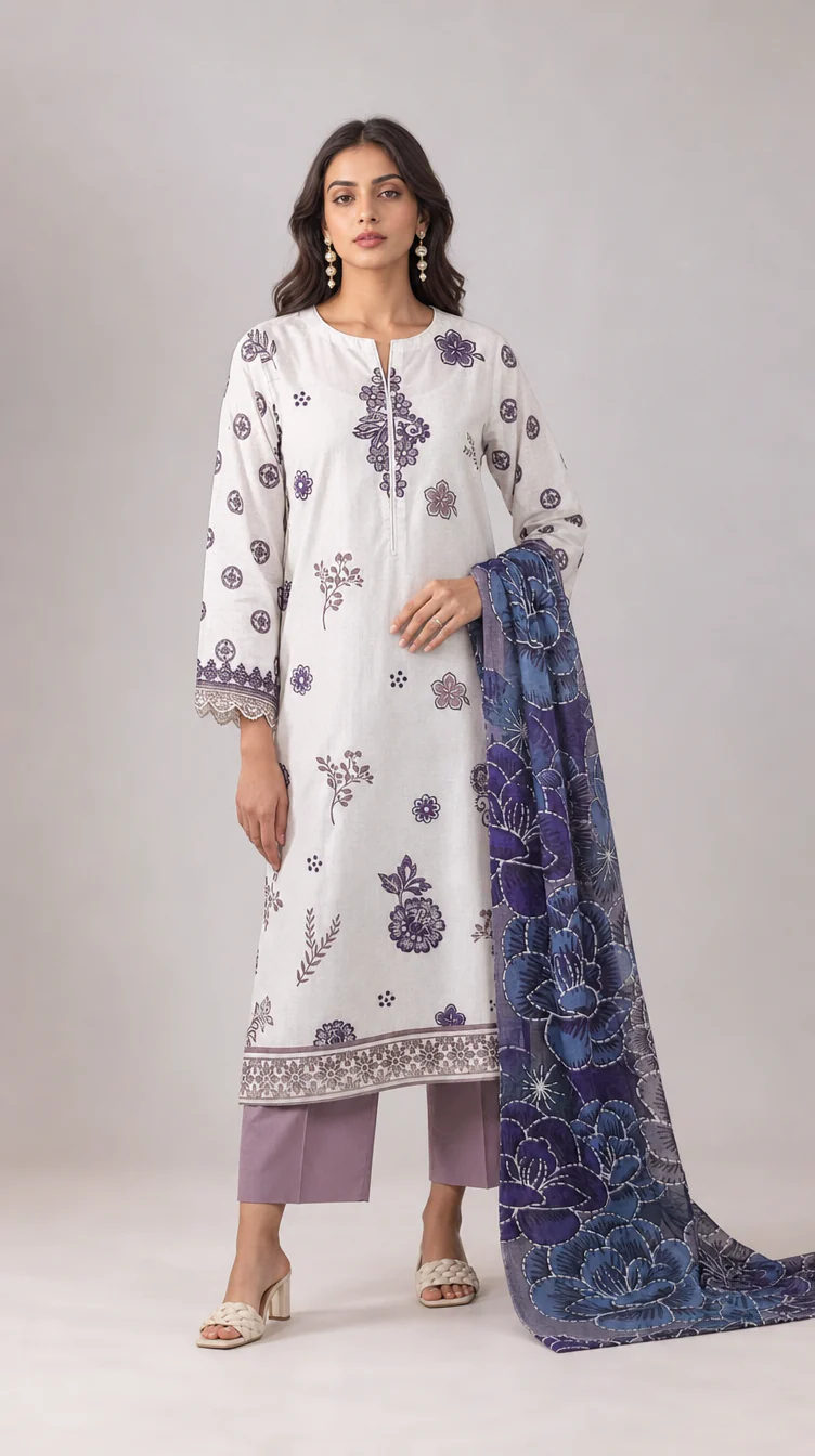 Premium Off White & Plum Violet Printed Lawn 3 Pc Suit - Elegant Floral Unstitched Summer Dress with Indigo Blue Chiffon Dupatta