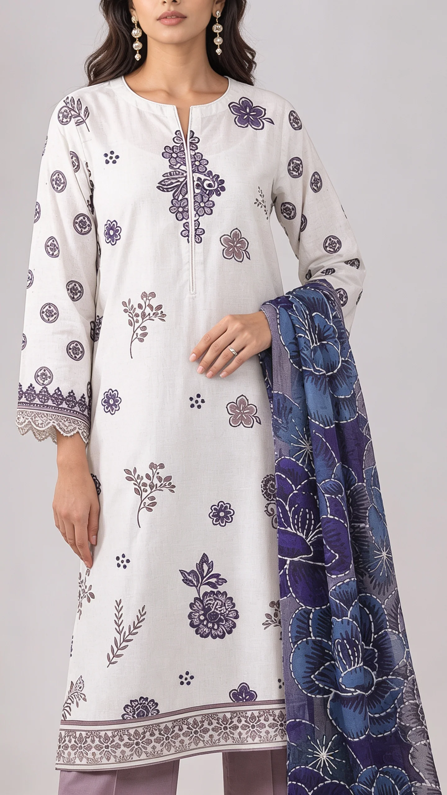 Premium Off White & Plum Violet Printed Lawn 3 Pc Suit - Elegant Floral Unstitched Summer Dress with Indigo Blue Chiffon Dupatta