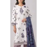 Premium Off White & Plum Violet Printed Lawn 3 Pc Suit - Elegant Floral Unstitched Summer Dress with Indigo Blue Chiffon Dupatta