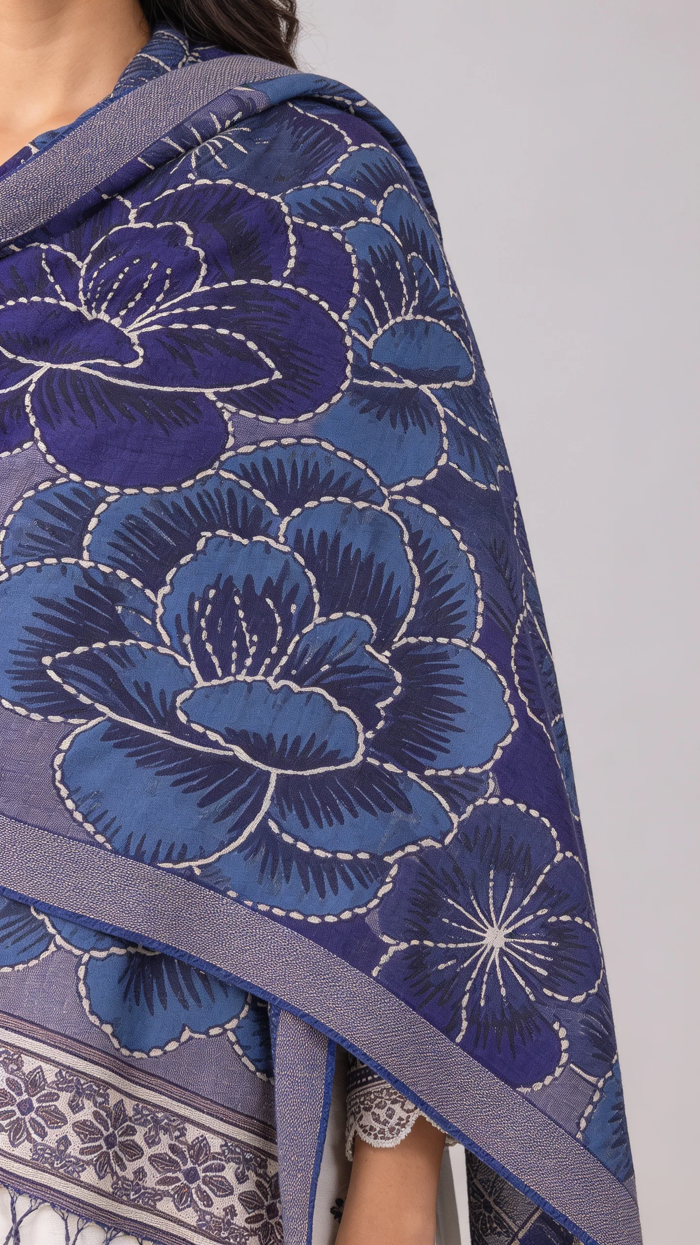 Premium Off White & Plum Violet Printed Lawn 3 Pc Suit - Elegant Floral Unstitched Summer Dress with Indigo Blue Chiffon Dupatta