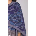 Premium Off White & Plum Violet Printed Lawn 3 Pc Suit - Elegant Floral Unstitched Summer Dress with Indigo Blue Chiffon Dupatta