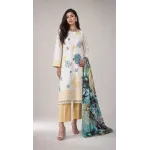 Luxury Off White & Ochre Yellow Printed Lawn 3 Pc Suit - Traditional Floral Unstitched Summer Dress with Sea Green Botanical Dupatta