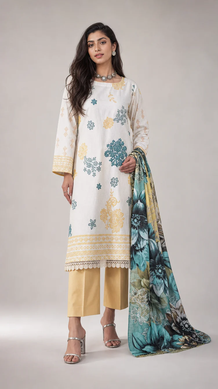 Luxury Off White & Ochre Yellow Printed Lawn 3 Pc Suit - Traditional Floral Unstitched Summer Dress with Sea Green Botanical Dupatta