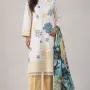 Luxury Off White & Ochre Yellow Printed Lawn 3 Pc Suit - Traditional Floral Unstitched Summer Dress with Sea Green Botanical Dupatta