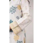Luxury Off White & Ochre Yellow Printed Lawn 3 Pc Suit - Traditional Floral Unstitched Summer Dress with Sea Green Botanical Dupatta