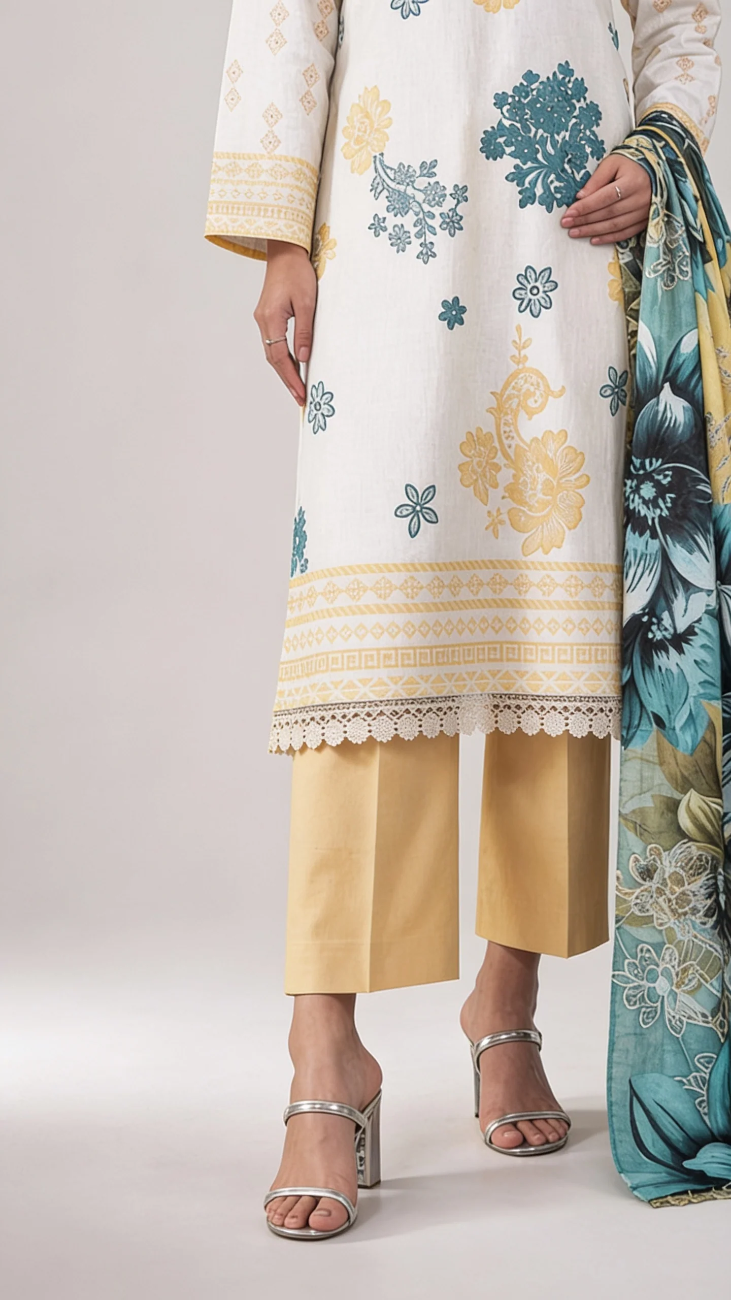 Luxury Off White & Ochre Yellow Printed Lawn 3 Pc Suit - Traditional Floral Unstitched Summer Dress with Sea Green Botanical Dupatta