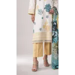 Luxury Off White & Ochre Yellow Printed Lawn 3 Pc Suit - Traditional Floral Unstitched Summer Dress with Sea Green Botanical Dupatta