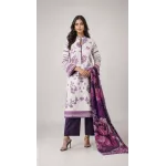 Premium Off White & Deep Magenta Printed Lawn 3 Pc Suit - Traditional Floral Unstitched Summer Dress with Royal Purple Vine Pattern Dupatta