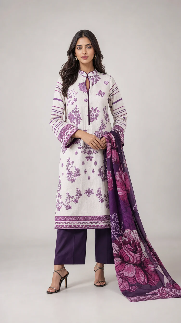 Premium Off White & Deep Magenta Printed Lawn 3 Pc Suit - Traditional Floral Unstitched Summer Dress with Royal Purple Vine Pattern Dupatta
