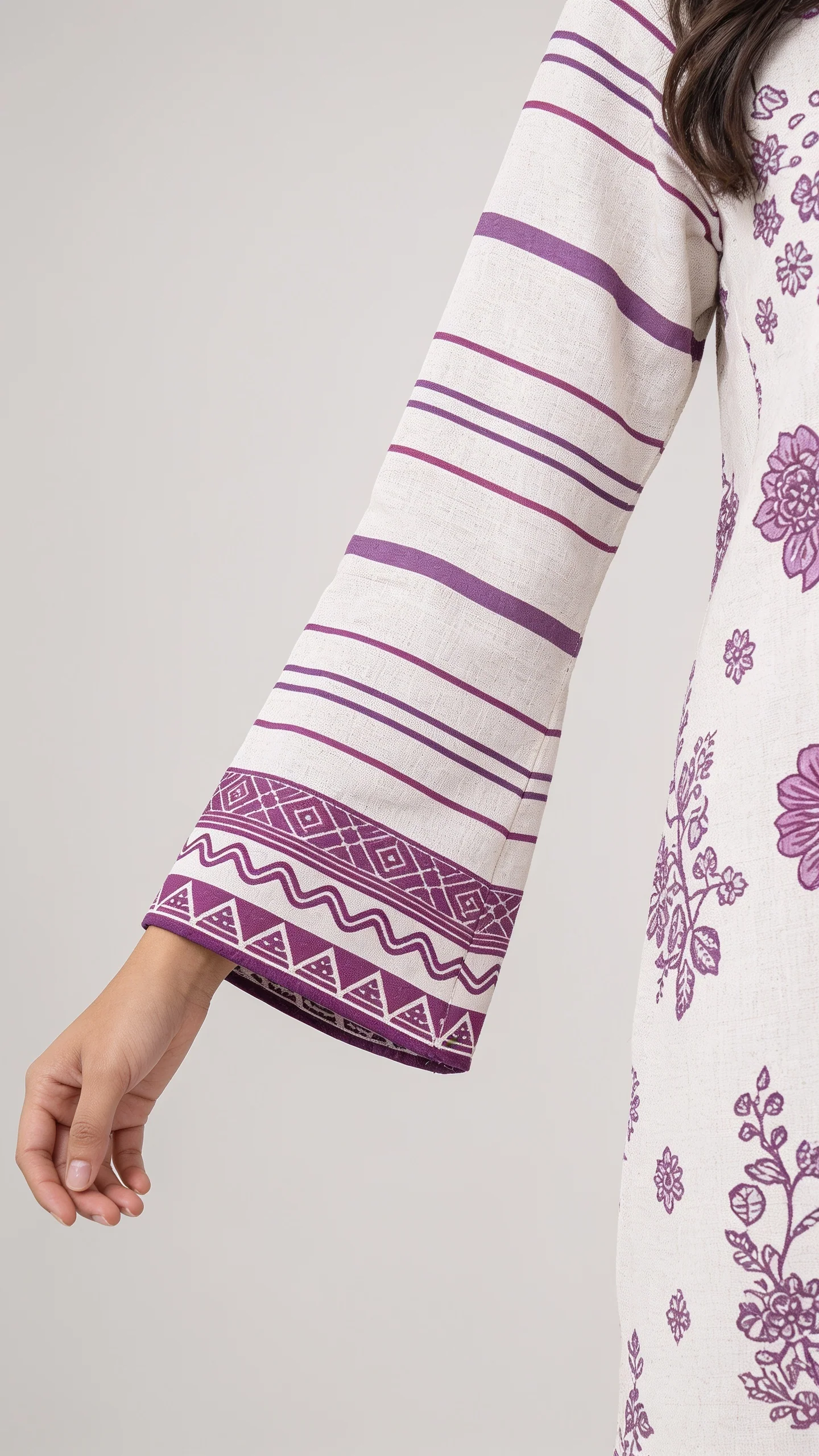 Premium Off White & Deep Magenta Printed Lawn 3 Pc Suit - Traditional Floral Unstitched Summer Dress with Royal Purple Vine Pattern Dupatta