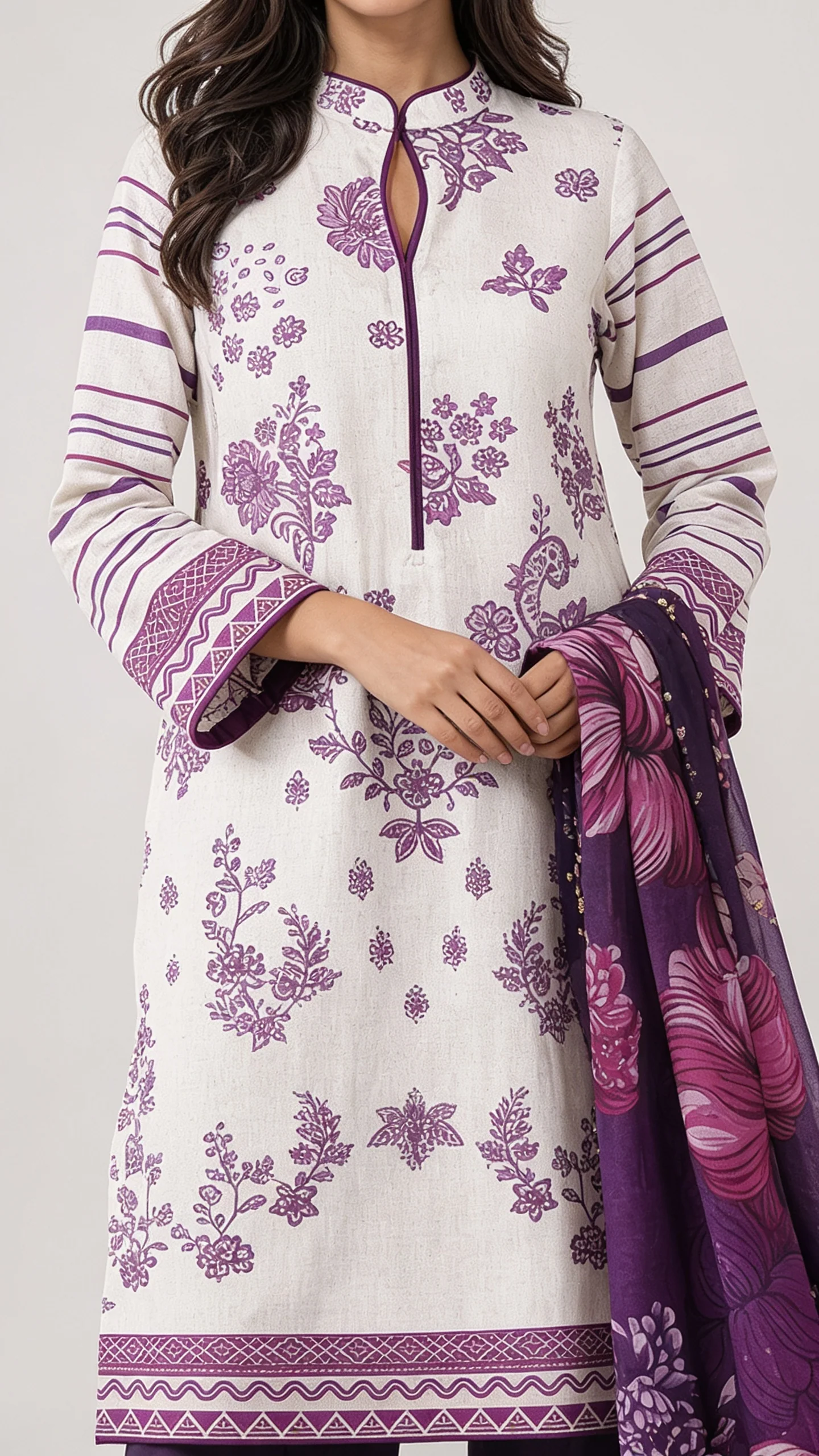 Premium Off White & Deep Magenta Printed Lawn 3 Pc Suit - Traditional Floral Unstitched Summer Dress with Royal Purple Vine Pattern Dupatta