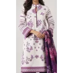 Premium Off White & Deep Magenta Printed Lawn 3 Pc Suit - Traditional Floral Unstitched Summer Dress with Royal Purple Vine Pattern Dupatta