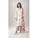 Luxury Off White & Rose Gold Printed Lawn 3 Pc Suit - Traditional Floral Unstitched Summer Dress with Peach Blossom Chiffon Dupatta