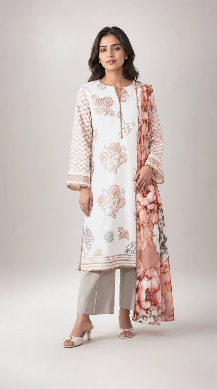 Luxury Off White & Rose Gold Printed Lawn 3 Pc Suit - Traditional Floral Unstitched Summer Dress with Peach Blossom Chiffon Dupatta