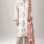 Luxury Off White & Rose Gold Printed Lawn 3 Pc Suit - Traditional Floral Unstitched Summer Dress with Peach Blossom Chiffon Dupatta
