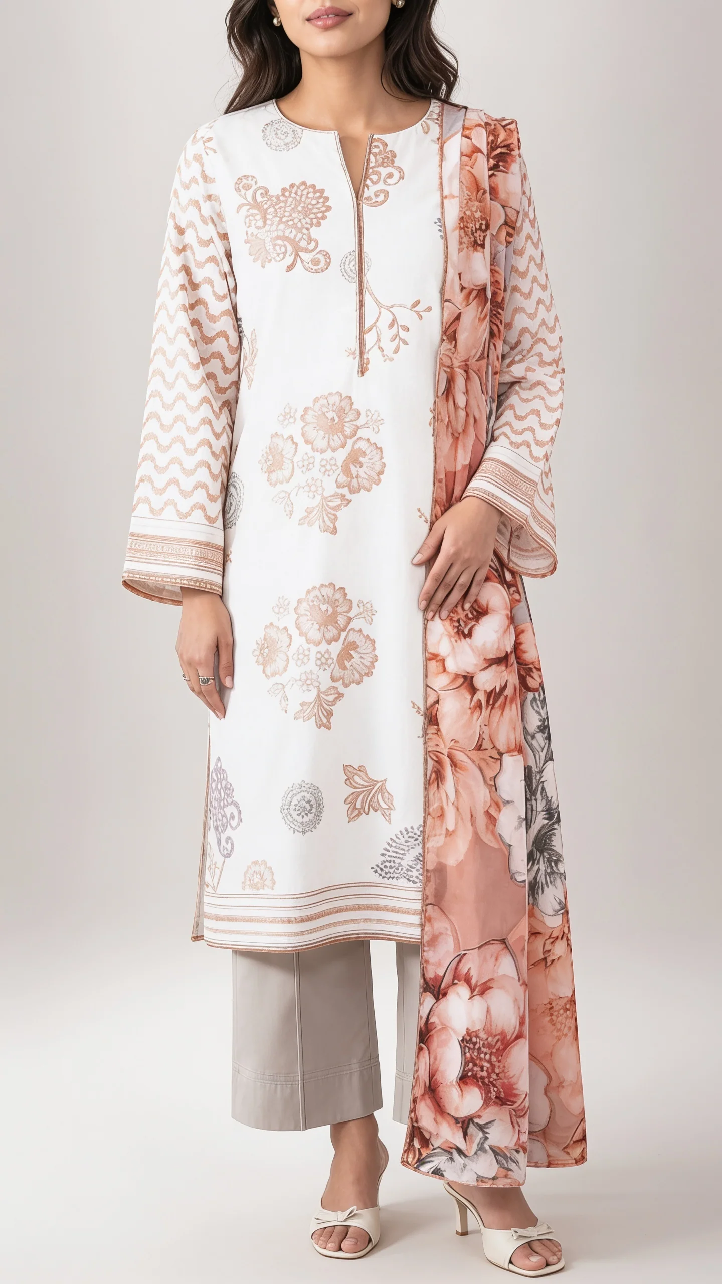 Luxury Off White & Rose Gold Printed Lawn 3 Pc Suit - Traditional Floral Unstitched Summer Dress with Peach Blossom Chiffon Dupatta