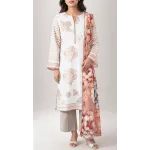 Luxury Off White & Rose Gold Printed Lawn 3 Pc Suit - Traditional Floral Unstitched Summer Dress with Peach Blossom Chiffon Dupatta