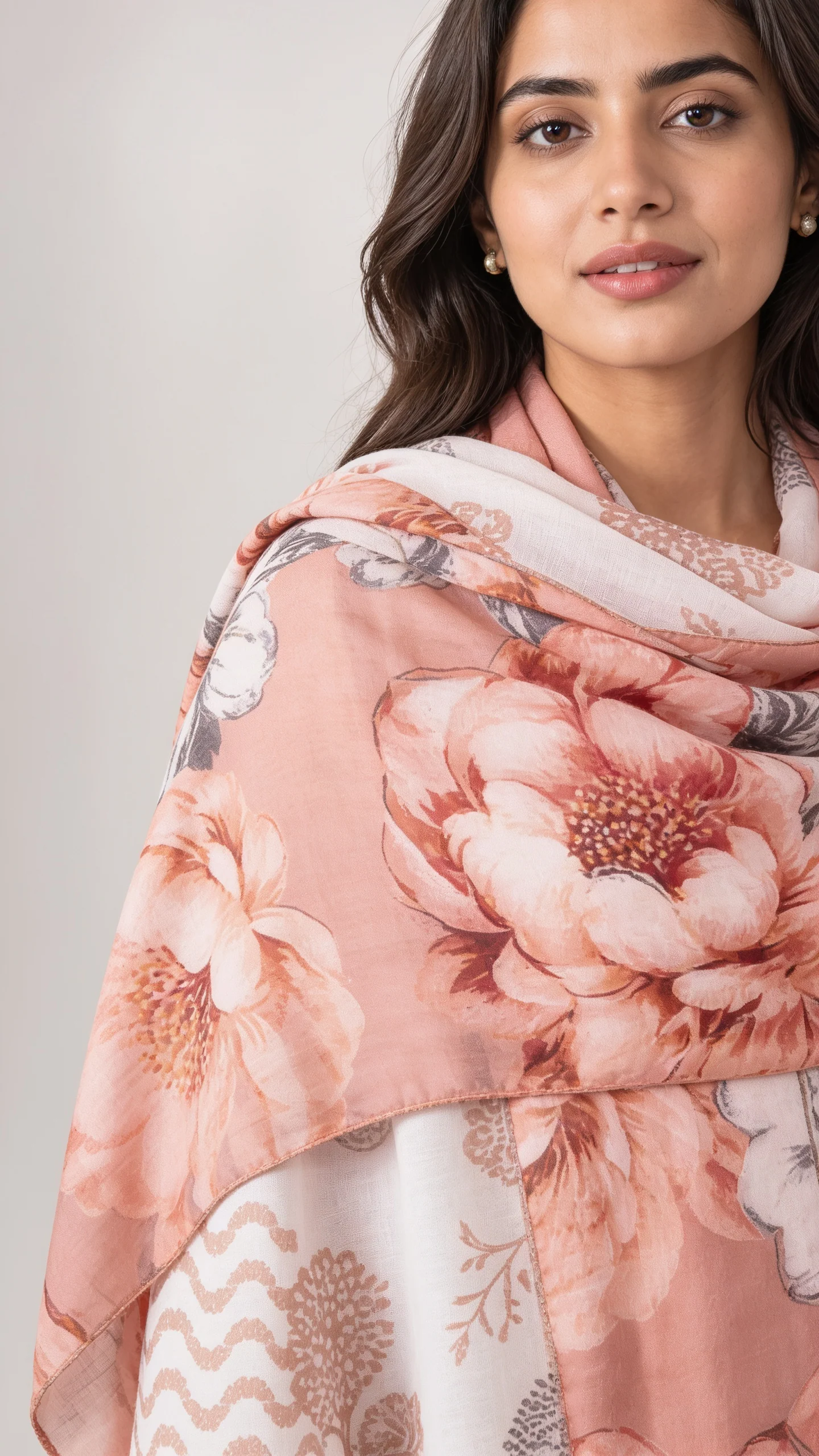 Luxury Off White & Rose Gold Printed Lawn 3 Pc Suit - Traditional Floral Unstitched Summer Dress with Peach Blossom Chiffon Dupatta