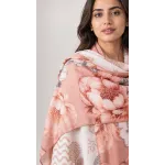 Luxury Off White & Rose Gold Printed Lawn 3 Pc Suit - Traditional Floral Unstitched Summer Dress with Peach Blossom Chiffon Dupatta