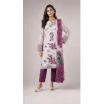 Elegant Alabaster & Plum Blossom Printed Lawn 3 Piece Suit - Unstitched Summer Ensemble with Dramatic Floral Grape Voile Dupatta
