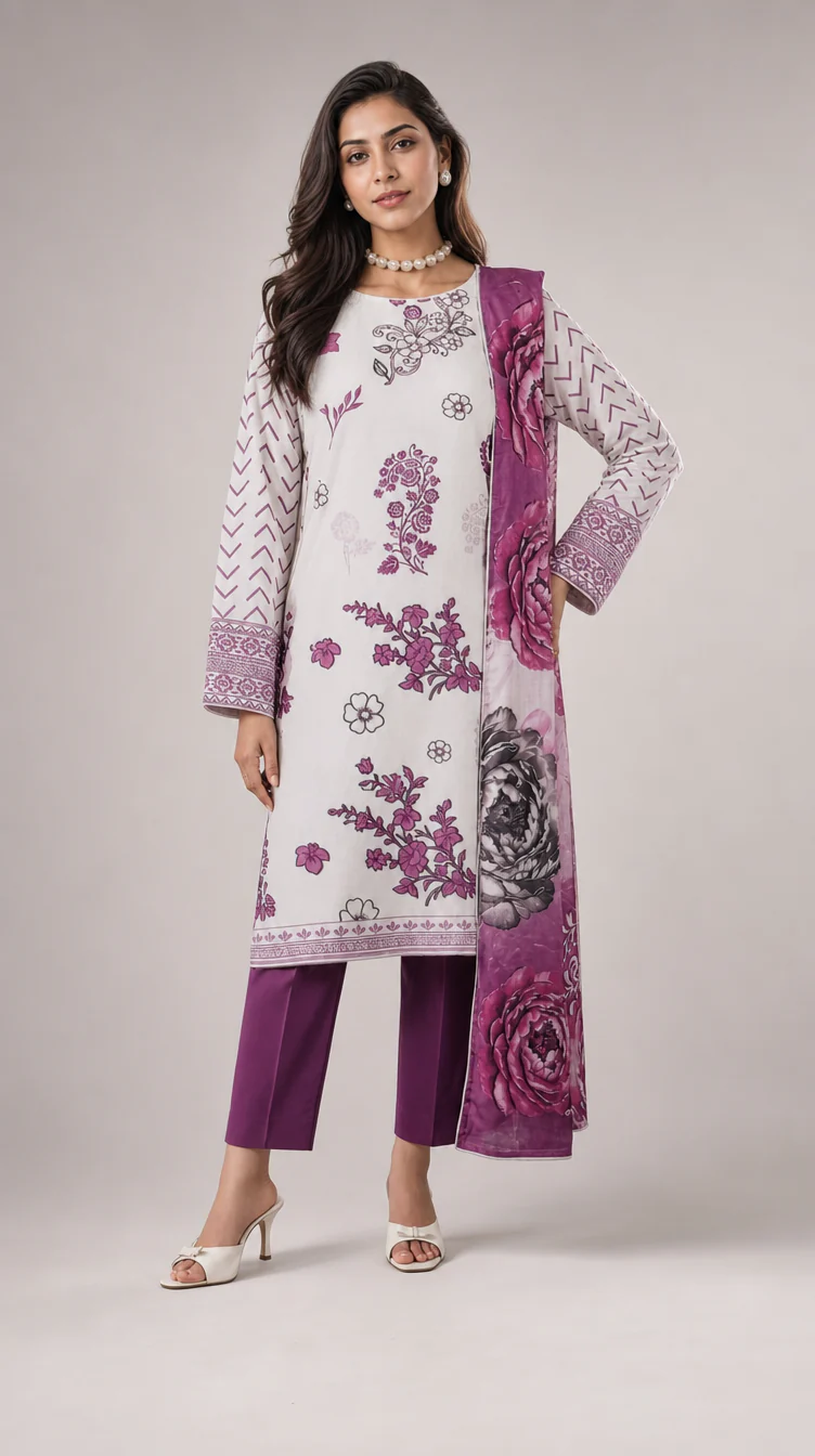 Elegant Alabaster & Plum Blossom Printed Lawn 3 Piece Suit - Unstitched Summer Ensemble with Dramatic Floral Grape Voile Dupatta
