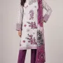 Elegant Alabaster & Plum Blossom Printed Lawn 3 Piece Suit - Unstitched Summer Ensemble with Dramatic Floral Grape Voile Dupatta