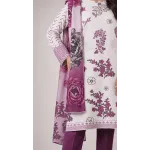 Elegant Alabaster & Plum Blossom Printed Lawn 3 Piece Suit - Unstitched Summer Ensemble with Dramatic Floral Grape Voile Dupatta