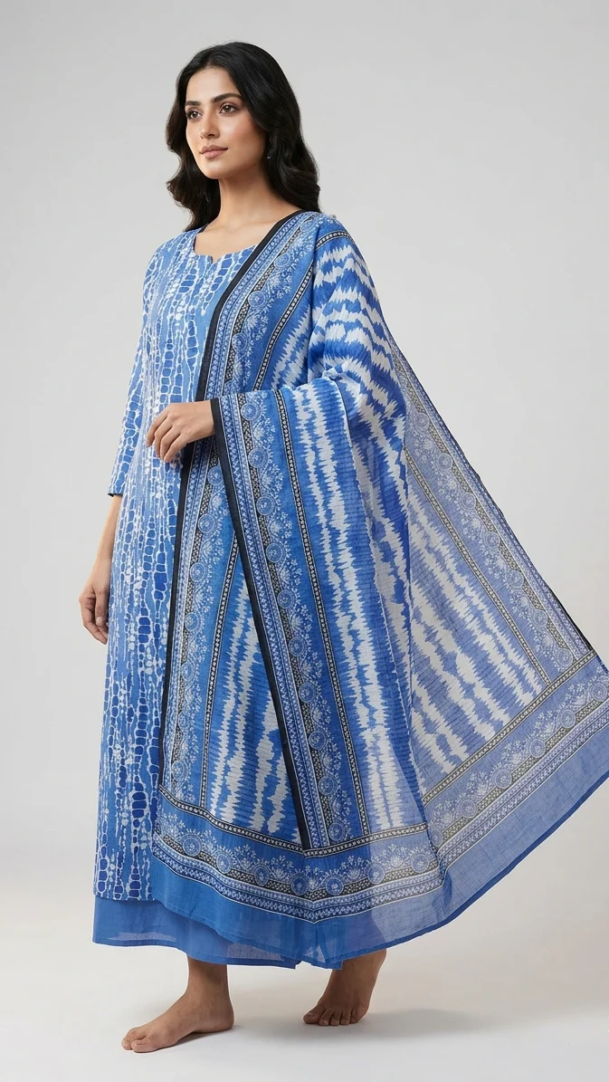Premium Indigo Blue Tie Dye Printed Lawn 3 Pc Suit - Traditional Shibori Unstitched Summer Dress with Indigo Geometric Pattern Dupatta