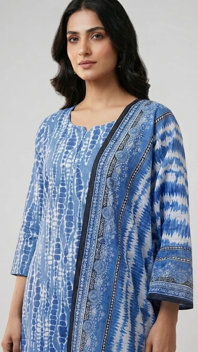 Premium Indigo Blue Tie Dye Printed Lawn 3 Pc Suit - Traditional Shibori Unstitched Summer Dress with Indigo Geometric Pattern Dupatta