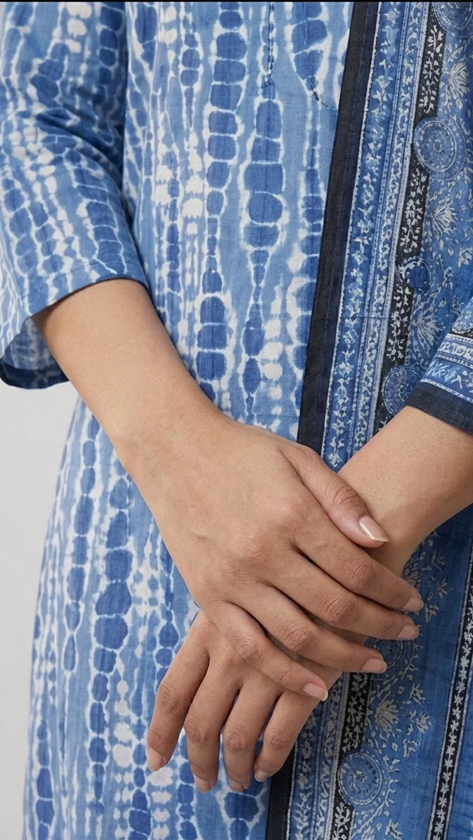 Premium Indigo Blue Tie Dye Printed Lawn 3 Pc Suit - Traditional Shibori Unstitched Summer Dress with Indigo Geometric Pattern Dupatta