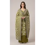 Premium Olive Green Printed Lawn 3 Pc Suit - Traditional Floral Unstitched Summer Dress with Ikat Chevron Pattern Dupatta
