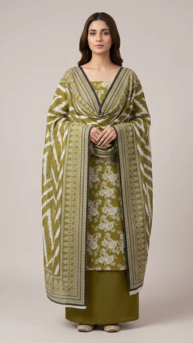 Premium Olive Green Printed Lawn 3 Pc Suit - Traditional Floral Unstitched Summer Dress with Ikat Chevron Pattern Dupatta