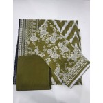 Premium Olive Green Printed Lawn 3 Pc Suit - Traditional Floral Unstitched Summer Dress with Ikat Chevron Pattern Dupatta