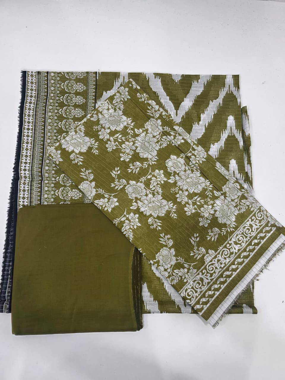 Premium Olive Green Printed Lawn 3 Pc Suit - Traditional Floral Unstitched Summer Dress with Ikat Chevron Pattern Dupatta