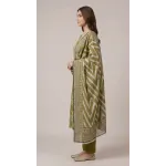 Premium Olive Green Printed Lawn 3 Pc Suit - Traditional Floral Unstitched Summer Dress with Ikat Chevron Pattern Dupatta