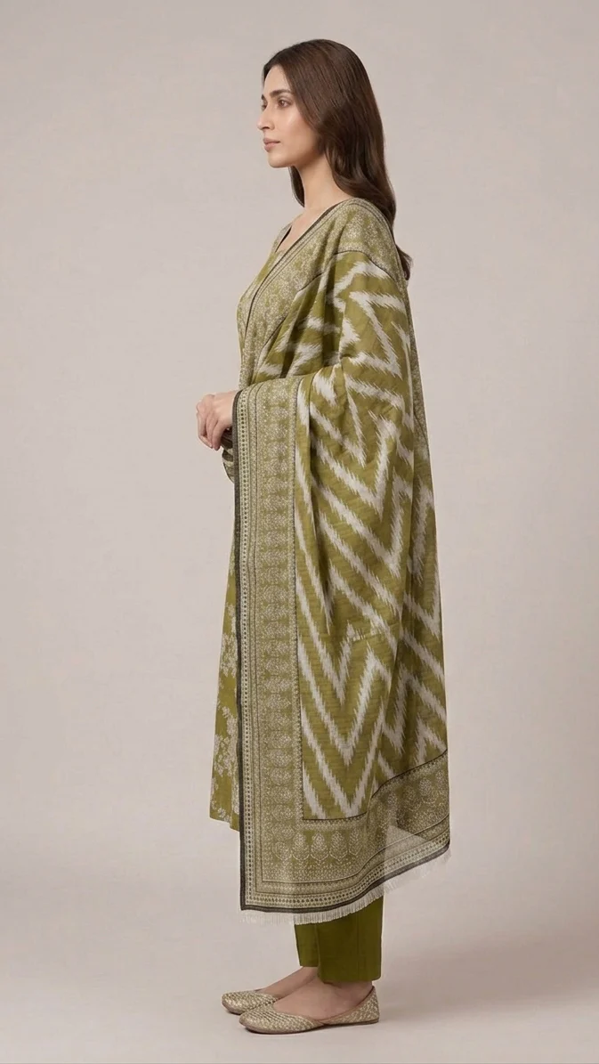 Premium Olive Green Printed Lawn 3 Pc Suit - Traditional Floral Unstitched Summer Dress with Ikat Chevron Pattern Dupatta