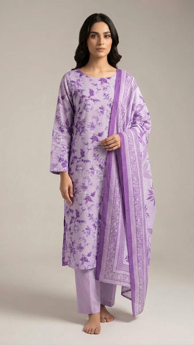 Premium Lavender Orchid Floral Printed Lawn 3 Pc Suit - Unstitched Summer Outfit with Airjet Doriya Dupatta & Dyed Trouser
