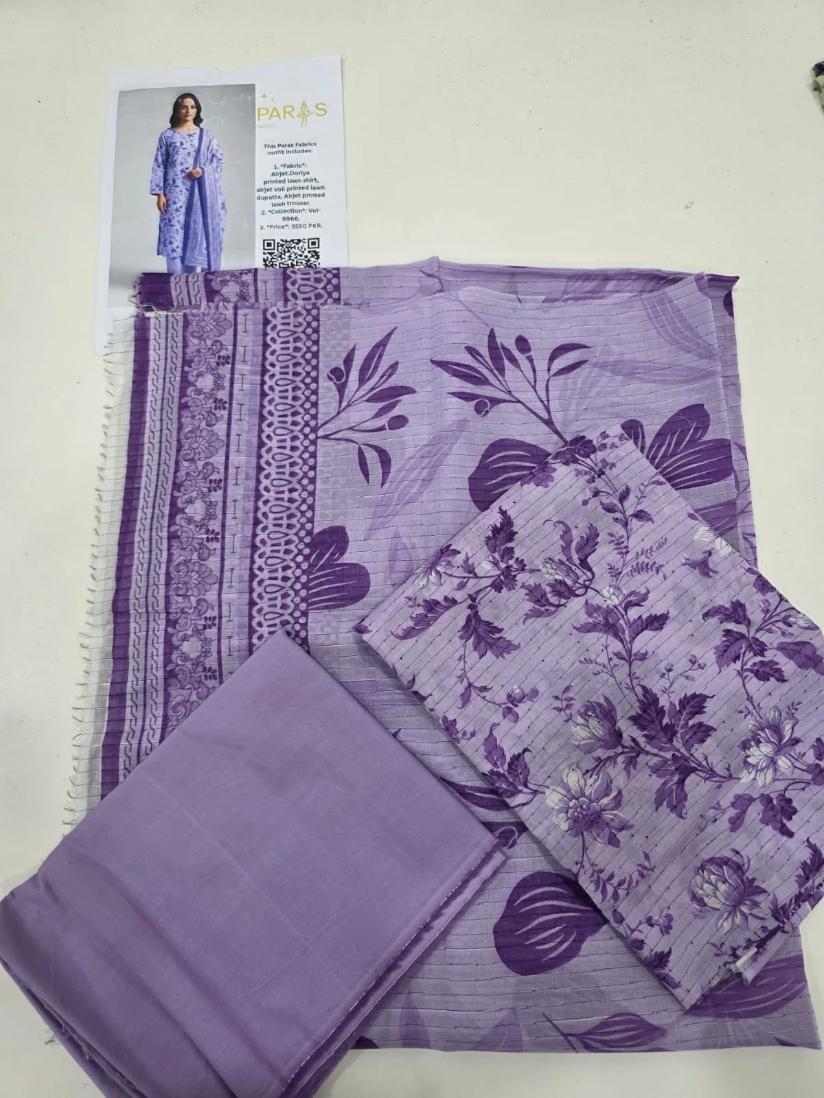 Premium Lavender Orchid Floral Printed Lawn 3 Pc Suit - Unstitched Summer Outfit with Airjet Doriya Dupatta & Dyed Trouser