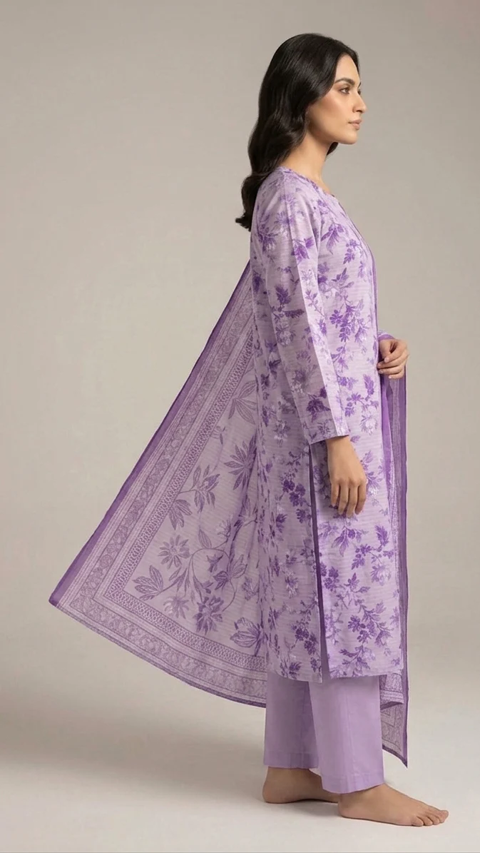 Premium Lavender Orchid Floral Printed Lawn 3 Pc Suit - Unstitched Summer Outfit with Airjet Doriya Dupatta & Dyed Trouser