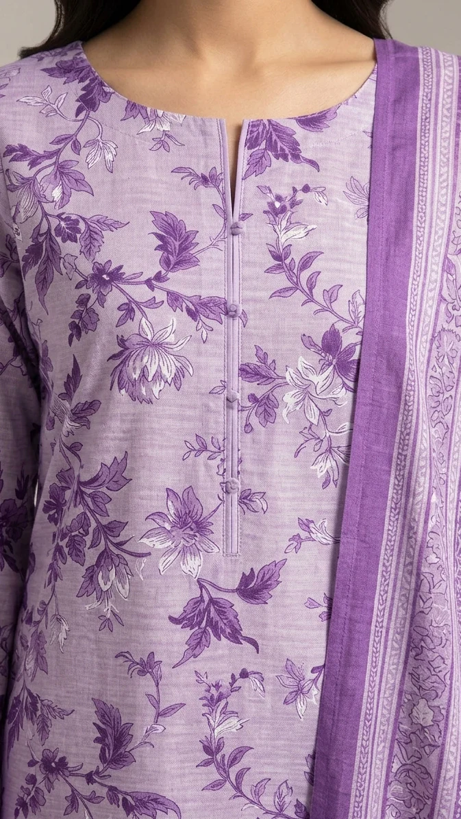 Premium Lavender Orchid Floral Printed Lawn 3 Pc Suit - Unstitched Summer Outfit with Airjet Doriya Dupatta & Dyed Trouser