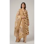 Premium Khaki Beige Floral Printed Lawn 3 Pc Suit - Unstitched Summer Ensemble with Ochre Geometric Border Doriya Dupatta & Dyed Trouser