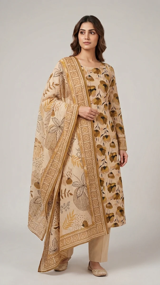 Premium Khaki Beige Floral Printed Lawn 3 Pc Suit - Unstitched Summer Ensemble with Ochre Geometric Border Doriya Dupatta & Dyed Trouser
