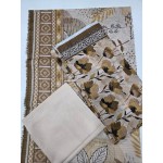 Premium Khaki Beige Floral Printed Lawn 3 Pc Suit - Unstitched Summer Ensemble with Ochre Geometric Border Doriya Dupatta & Dyed Trouser