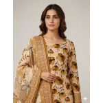 Premium Khaki Beige Floral Printed Lawn 3 Pc Suit - Unstitched Summer Ensemble with Ochre Geometric Border Doriya Dupatta & Dyed Trouser