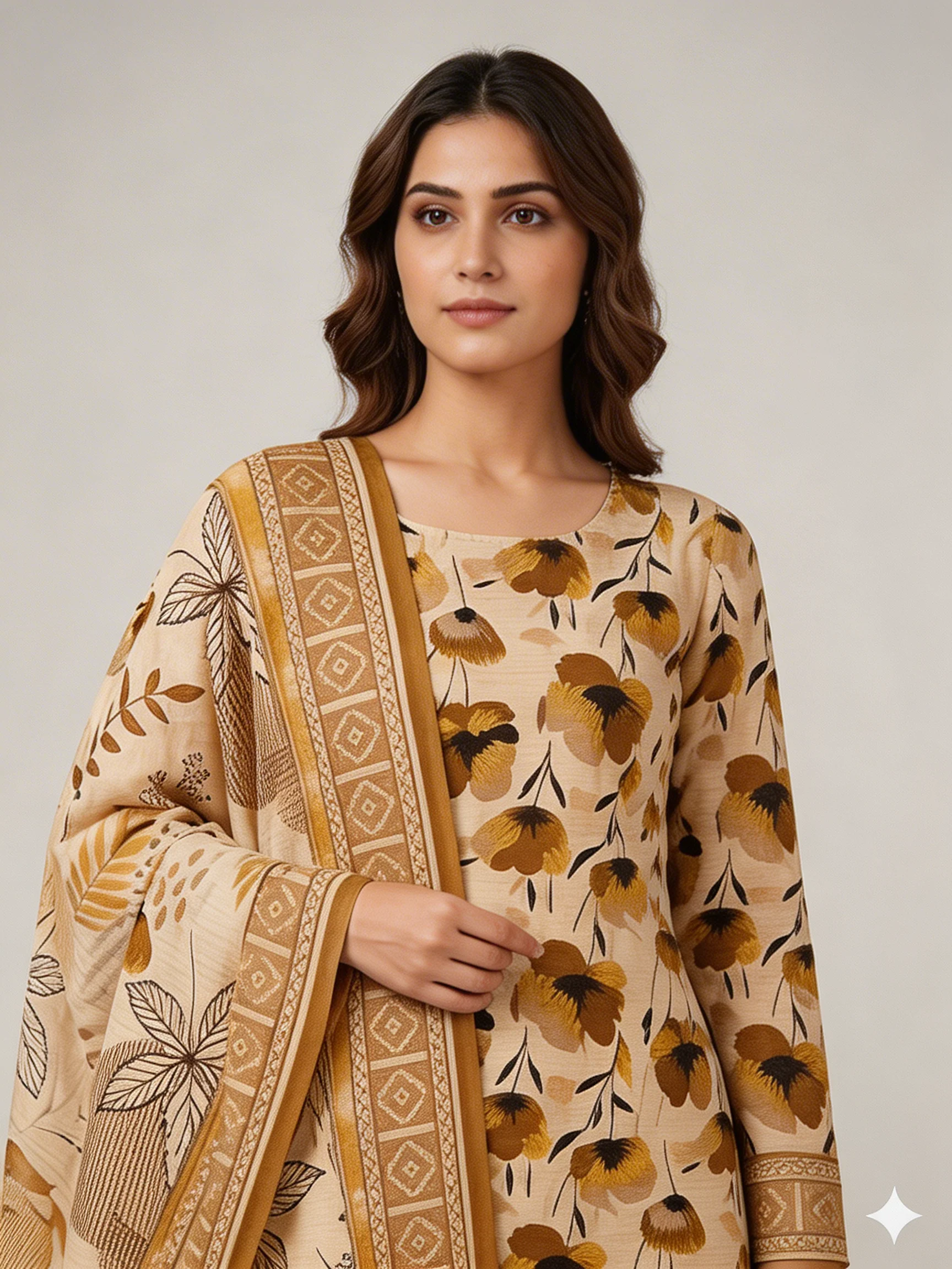 Premium Khaki Beige Floral Printed Lawn 3 Pc Suit - Unstitched Summer Ensemble with Ochre Geometric Border Doriya Dupatta & Dyed Trouser