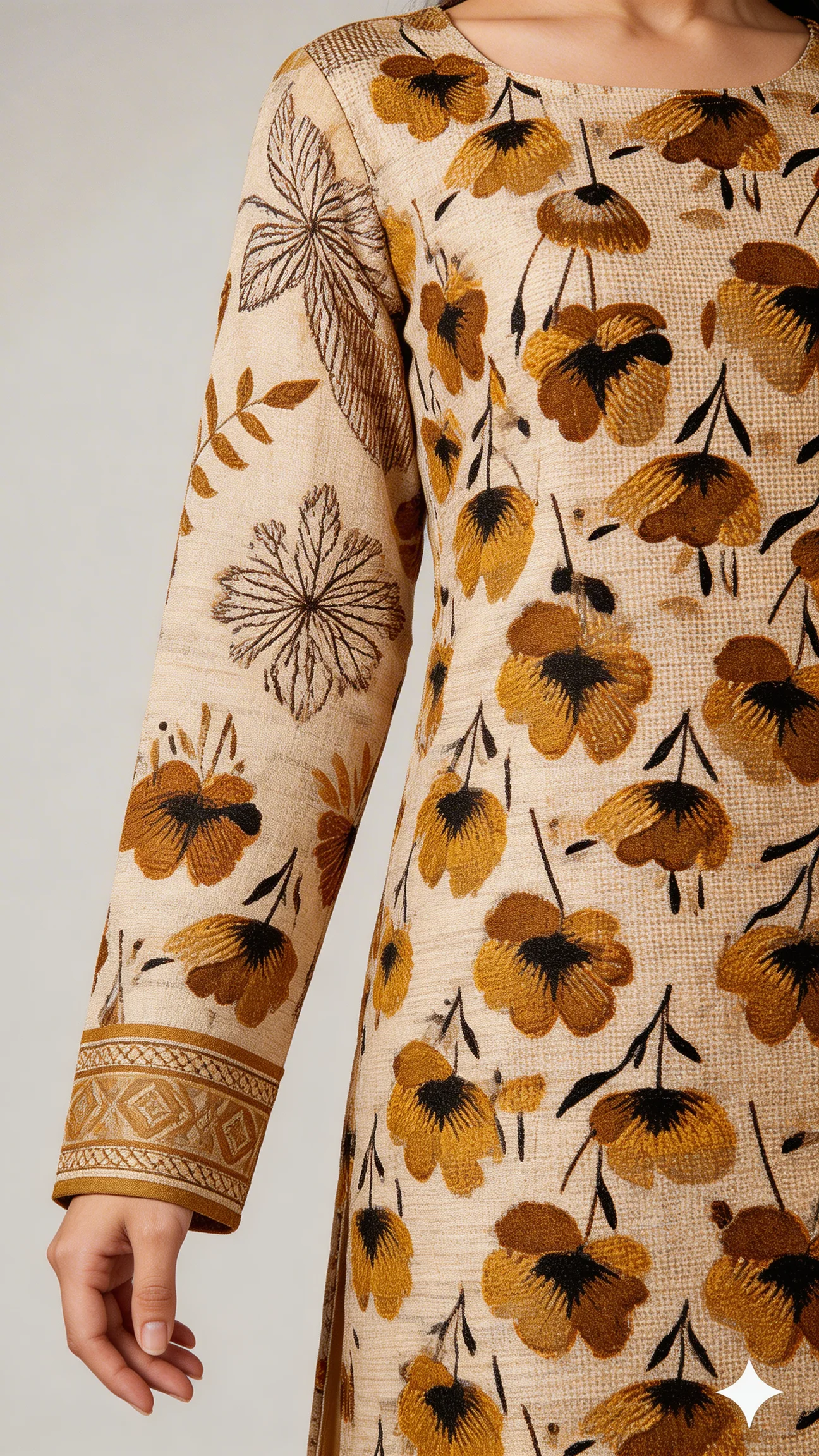 Premium Khaki Beige Floral Printed Lawn 3 Pc Suit - Unstitched Summer Ensemble with Ochre Geometric Border Doriya Dupatta & Dyed Trouser