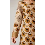 Premium Khaki Beige Floral Printed Lawn 3 Pc Suit - Unstitched Summer Ensemble with Ochre Geometric Border Doriya Dupatta & Dyed Trouser