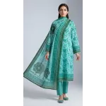 Premium Mint Aqua Floral Printed Lawn 3 Pc Suit - Unstitched Summer Ensemble with Dark Forest Green Tribal Doriya Dupatta & Dyed Trouser