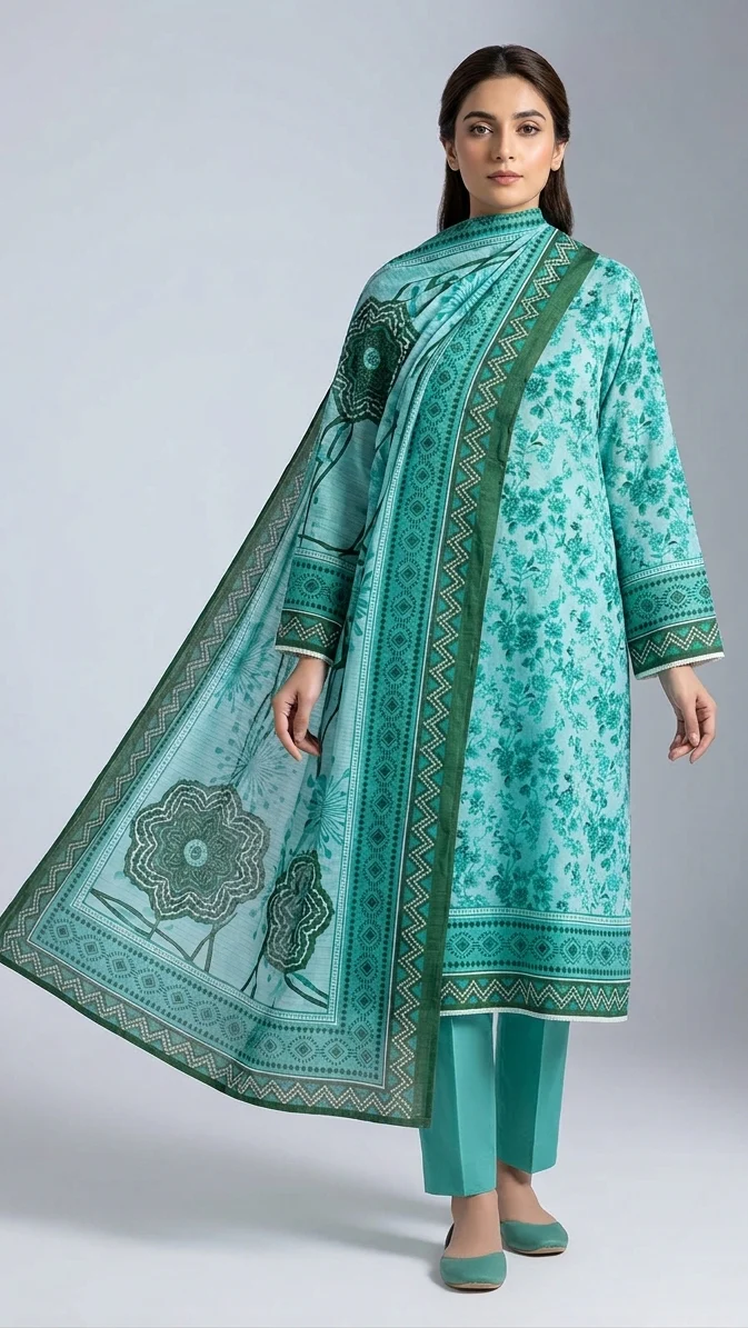 Premium Mint Aqua Floral Printed Lawn 3 Pc Suit - Unstitched Summer Ensemble with Dark Forest Green Tribal Doriya Dupatta & Dyed Trouser